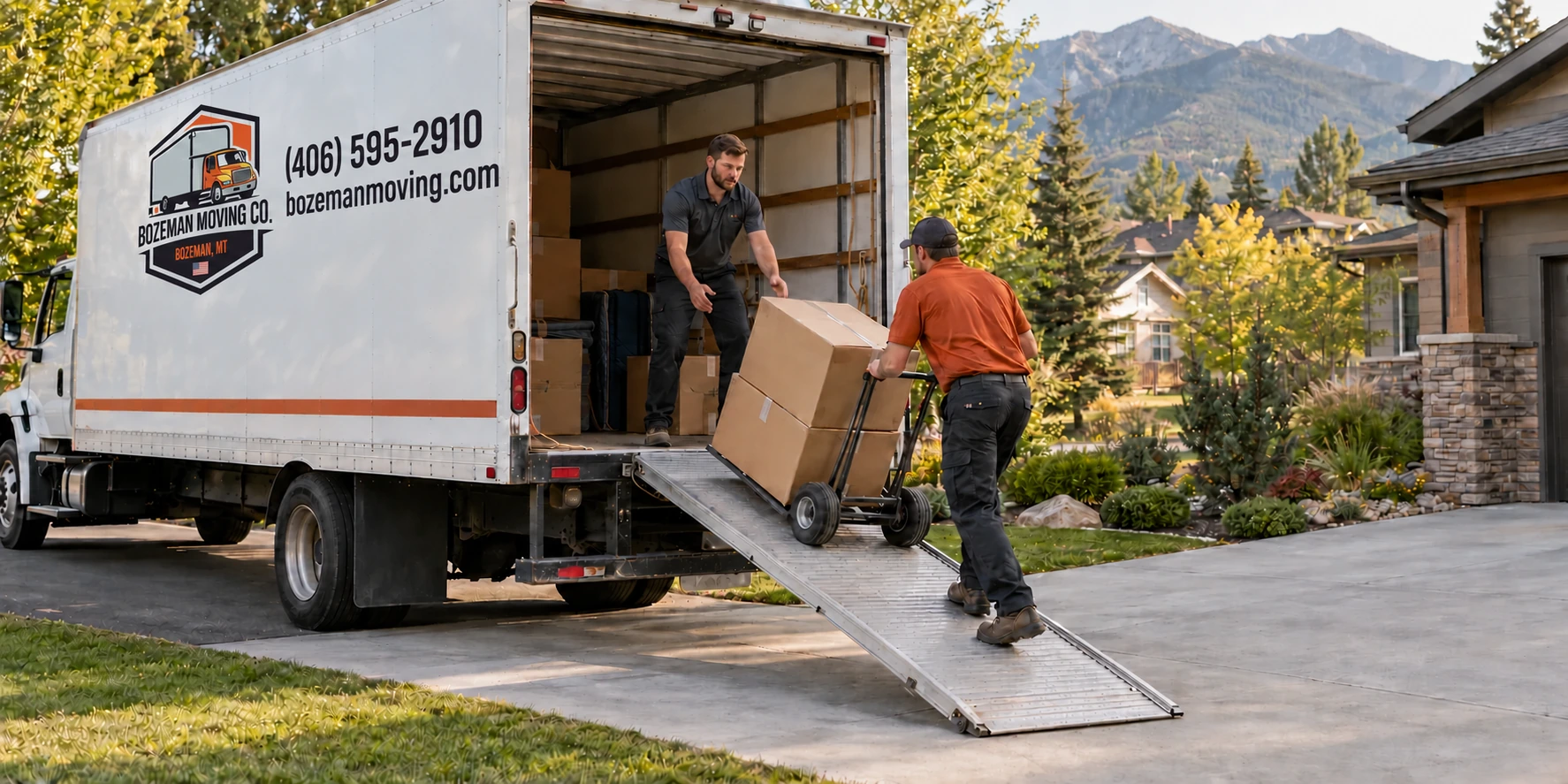Illustrative scene of two movers handling boxes at a truck loading ramp